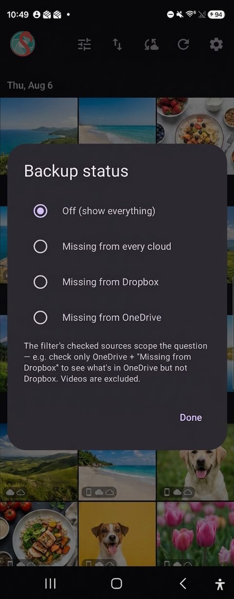 Backup status filter — show photos missing from any cloud