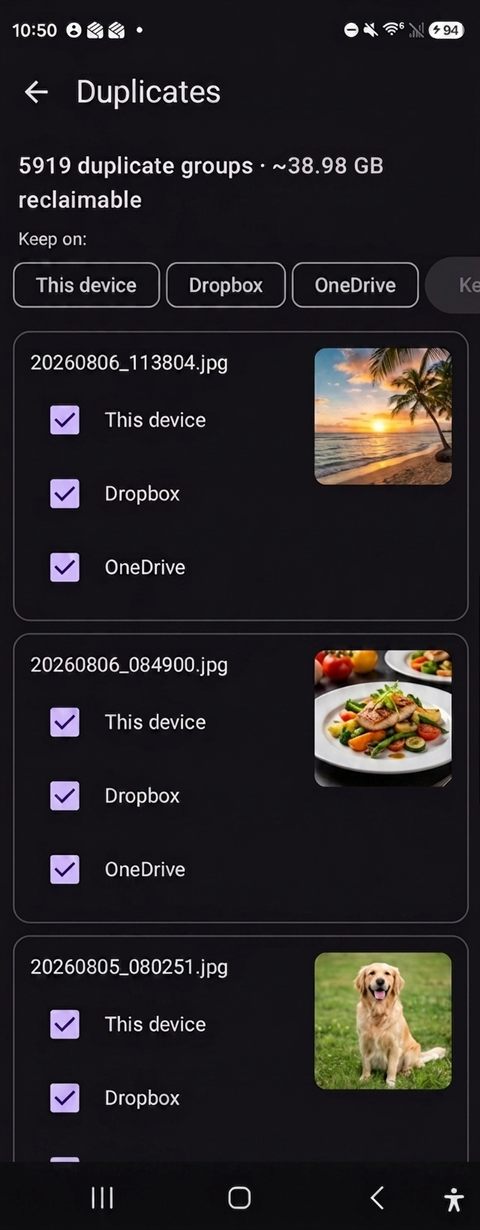 Duplicates review — 38.98 GB reclaimable