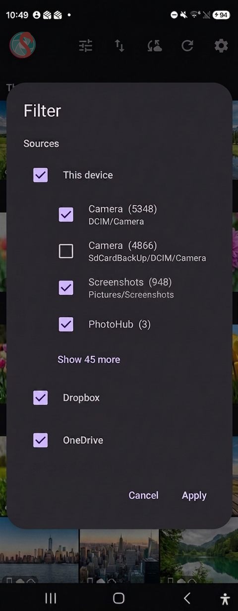 Filter dialog — choose sources and folders